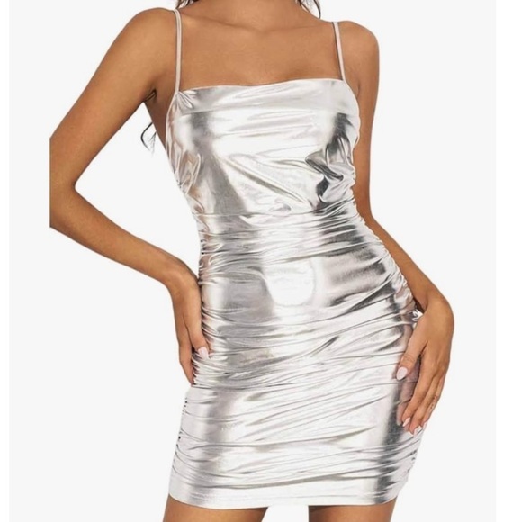 Metallic Spaghetti Strap Ruched Bodycon Shiny Sleeveless Clubwear Rave dress - Picture 1 of 10